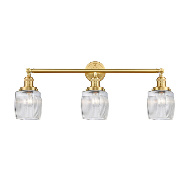 Colton Bath Vanity Light shown in the Satin Gold finish with a Clear Halophane shade