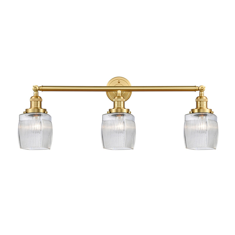 Colton Bath Vanity Light shown in the Satin Gold finish with a Clear Halophane shade