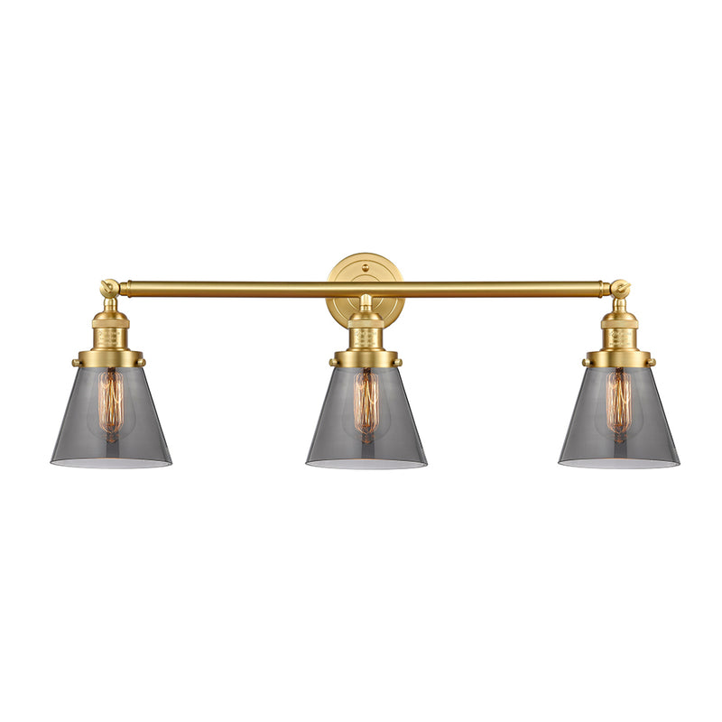 Cone Bath Vanity Light shown in the Satin Gold finish with a Plated Smoke shade
