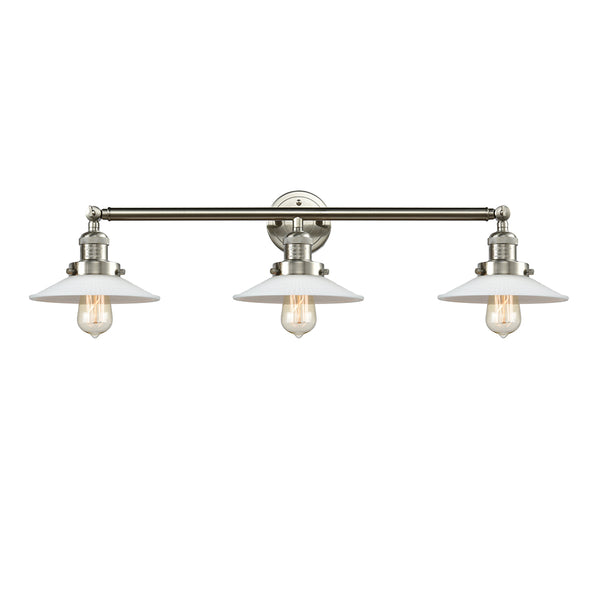 Halophane Bath Vanity Light shown in the Brushed Satin Nickel finish with a Matte White Halophane shade