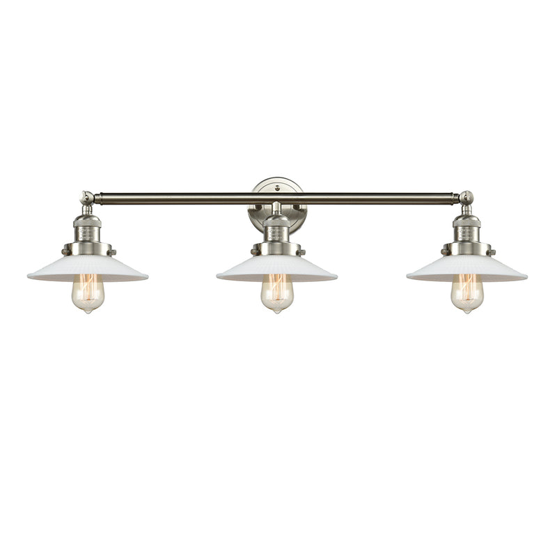 Halophane Bath Vanity Light shown in the Brushed Satin Nickel finish with a Matte White Halophane shade