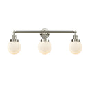 Beacon Bath Vanity Light shown in the Brushed Satin Nickel finish with a Matte White shade
