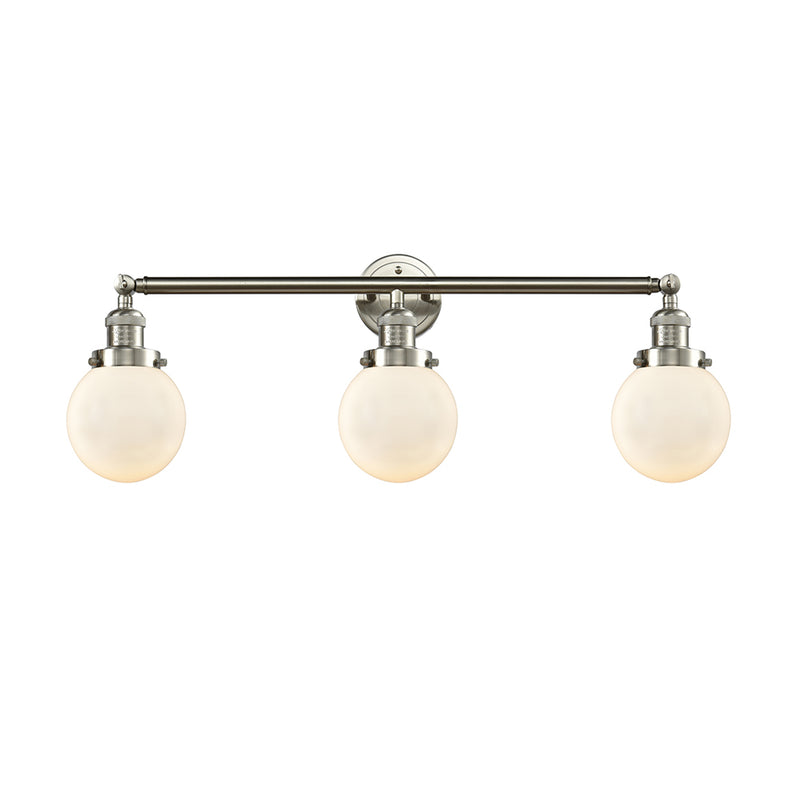 Beacon Bath Vanity Light shown in the Brushed Satin Nickel finish with a Matte White shade