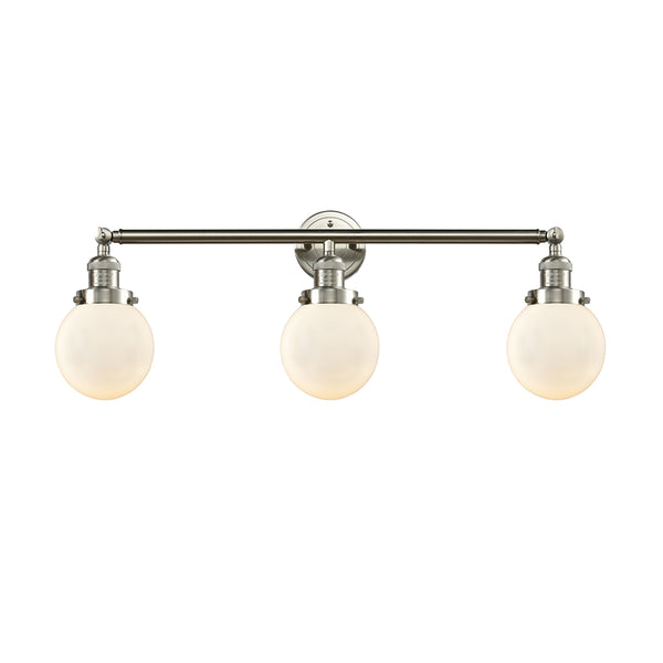 Beacon Bath Vanity Light shown in the Brushed Satin Nickel finish with a Matte White shade