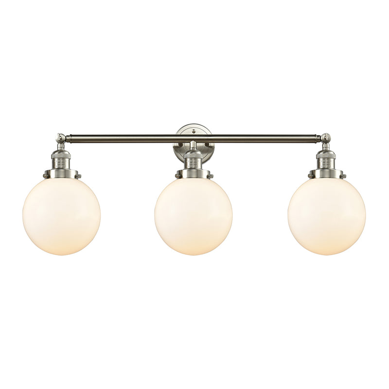 Beacon Bath Vanity Light shown in the Brushed Satin Nickel finish with a Matte White shade