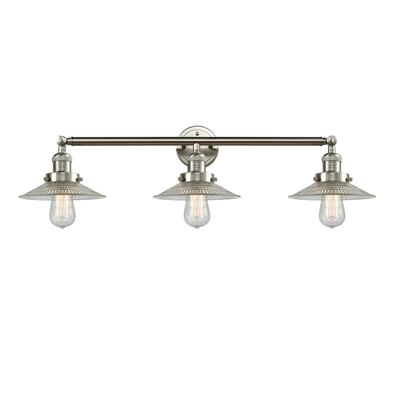 Halophane Bath Vanity Light shown in the Brushed Satin Nickel finish with a Clear Halophane shade