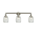 Colton Bath Vanity Light shown in the Brushed Satin Nickel finish with a Clear Halophane shade