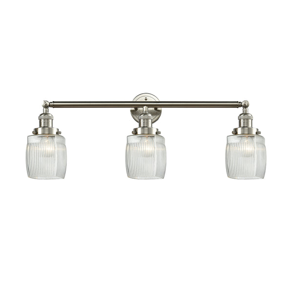 Colton Bath Vanity Light shown in the Brushed Satin Nickel finish with a Clear Halophane shade