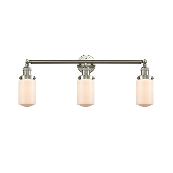 Dover Bath Vanity Light shown in the Brushed Satin Nickel finish with a Matte White shade