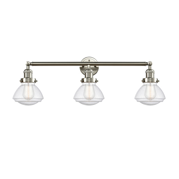 Olean Bath Vanity Light shown in the Brushed Satin Nickel finish with a Seedy shade
