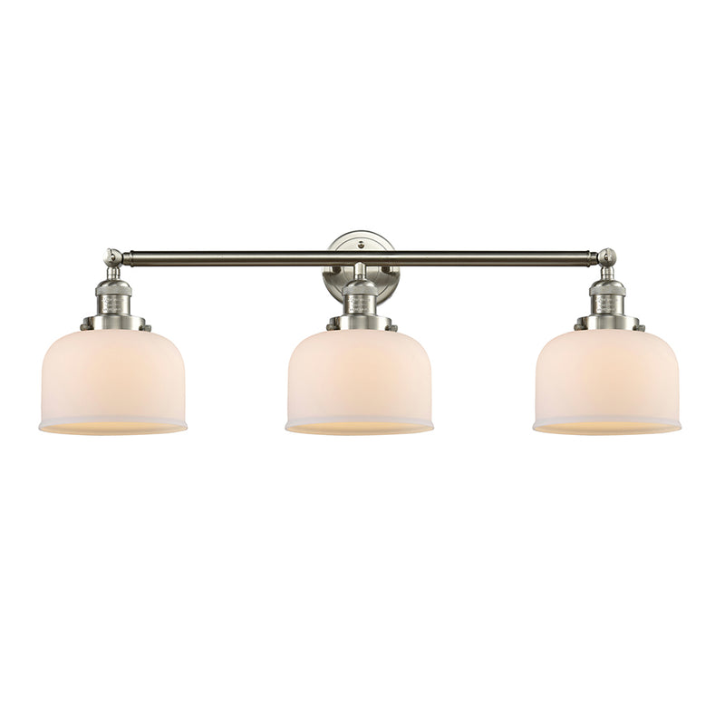 Bell Bath Vanity Light shown in the Brushed Satin Nickel finish with a Matte White shade