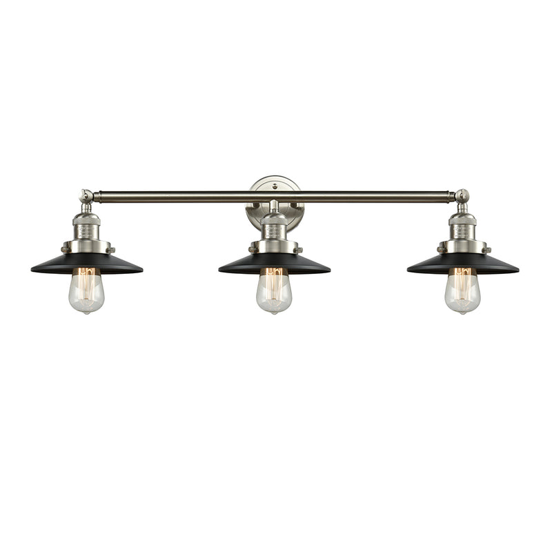 Railroad Bath Vanity Light shown in the Brushed Satin Nickel finish with a Matte Black shade