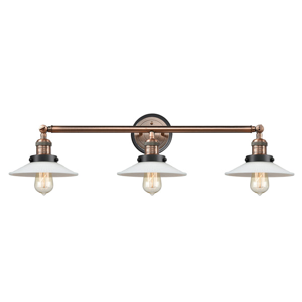 Halophane Bath Vanity Light shown in the Antique Copper finish with a Matte White Halophane shade