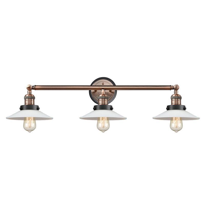 Halophane Bath Vanity Light shown in the Antique Copper finish with a Matte White Halophane shade