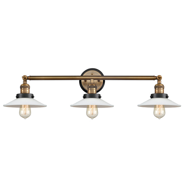 Halophane Bath Vanity Light shown in the Brushed Brass finish with a Matte White Halophane shade