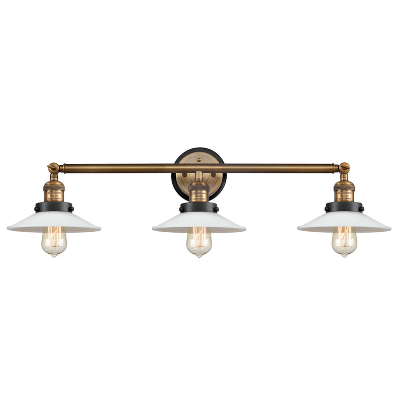 Halophane Bath Vanity Light shown in the Brushed Brass finish with a Matte White Halophane shade