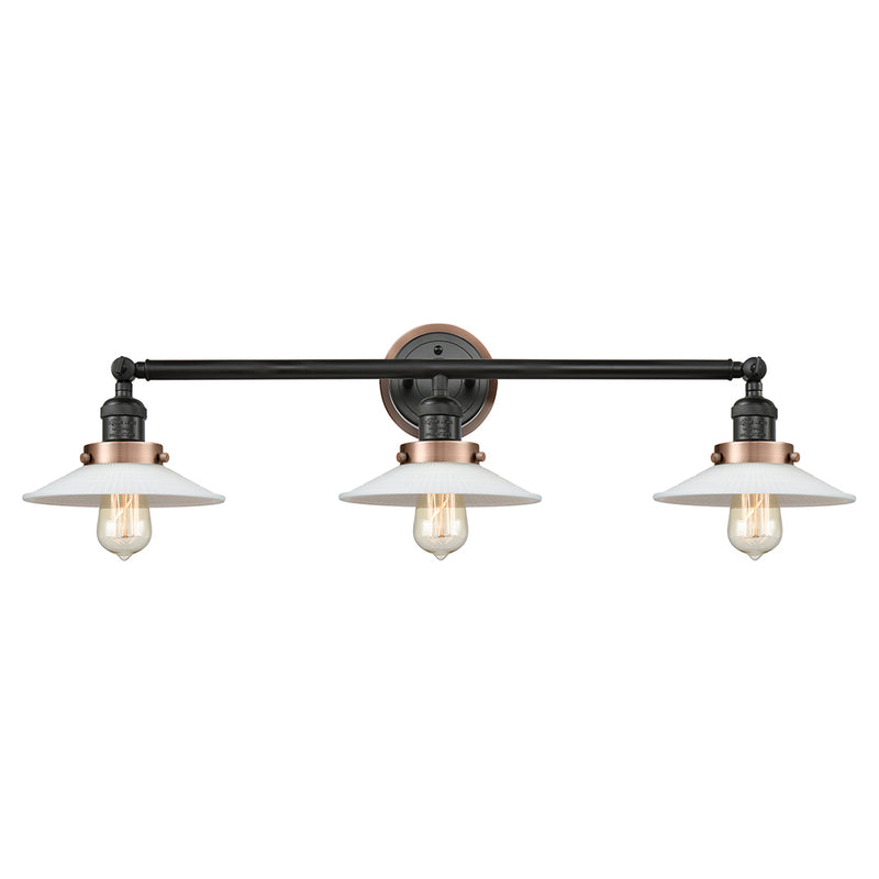 Halophane Bath Vanity Light shown in the Matte Black finish with a Matte White Halophane shade