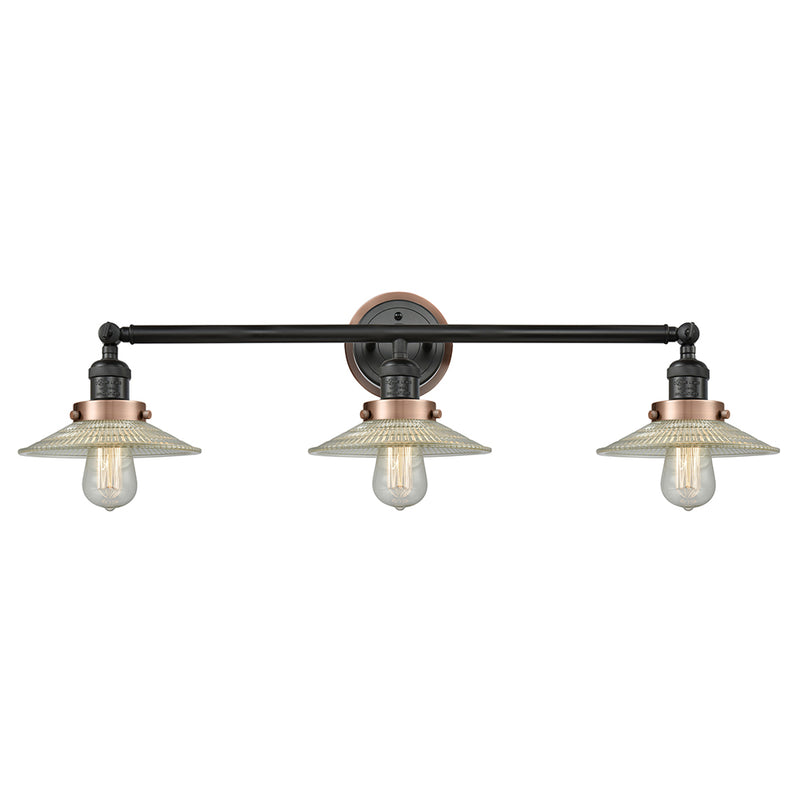 Halophane Bath Vanity Light shown in the Matte Black finish with a Clear Halophane shade