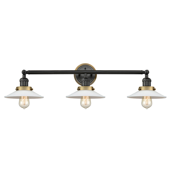 Halophane Bath Vanity Light shown in the Matte Black finish with a Matte White Halophane shade