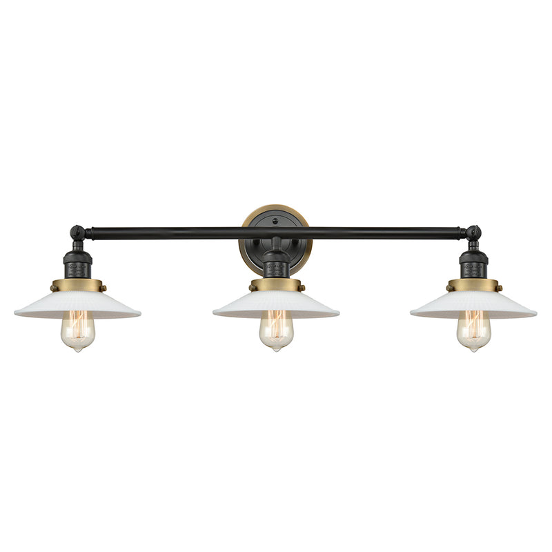 Halophane Bath Vanity Light shown in the Matte Black finish with a Matte White Halophane shade