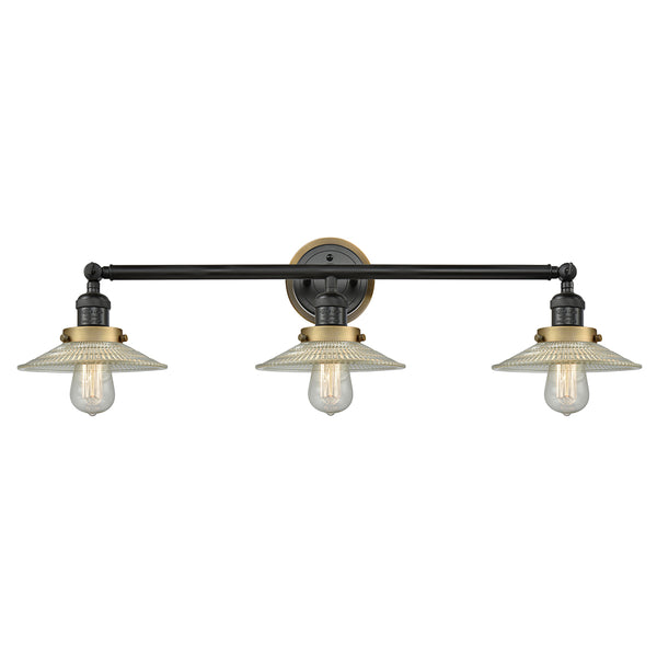 Halophane Bath Vanity Light shown in the Matte Black finish with a Clear Halophane shade