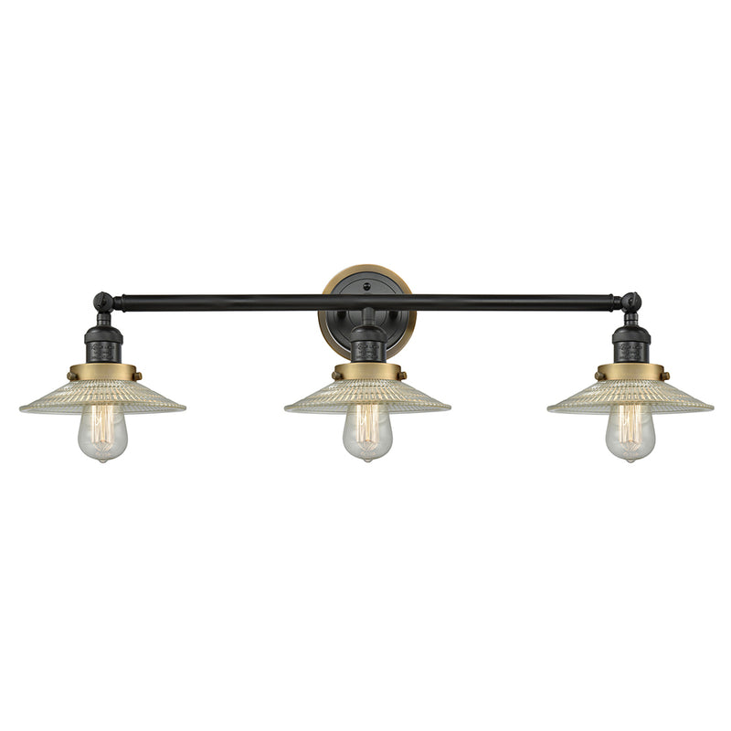 Halophane Bath Vanity Light shown in the Matte Black finish with a Clear Halophane shade