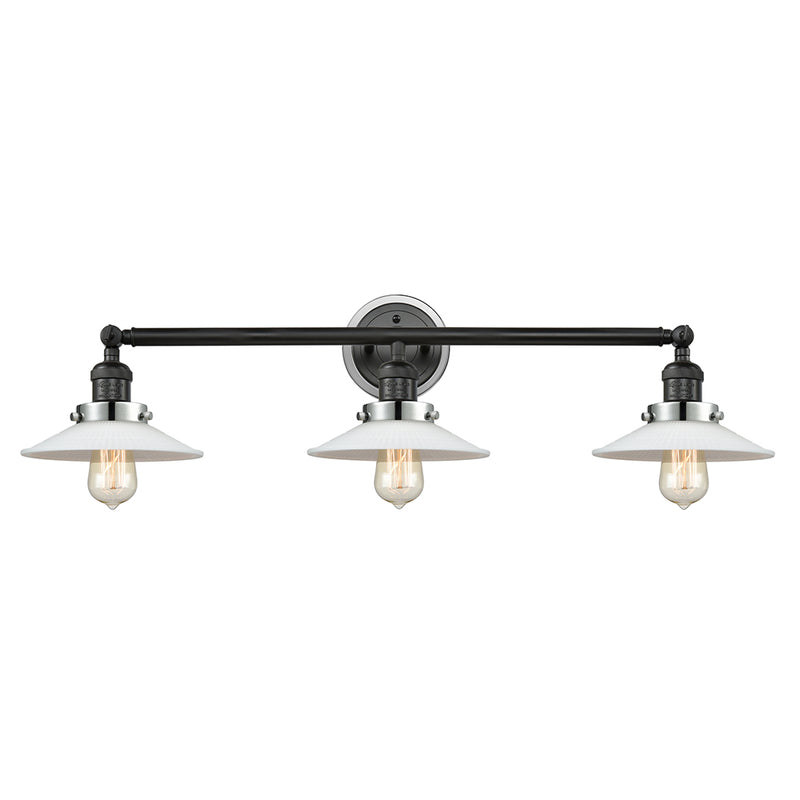 Halophane Bath Vanity Light shown in the Matte Black finish with a Matte White Halophane shade