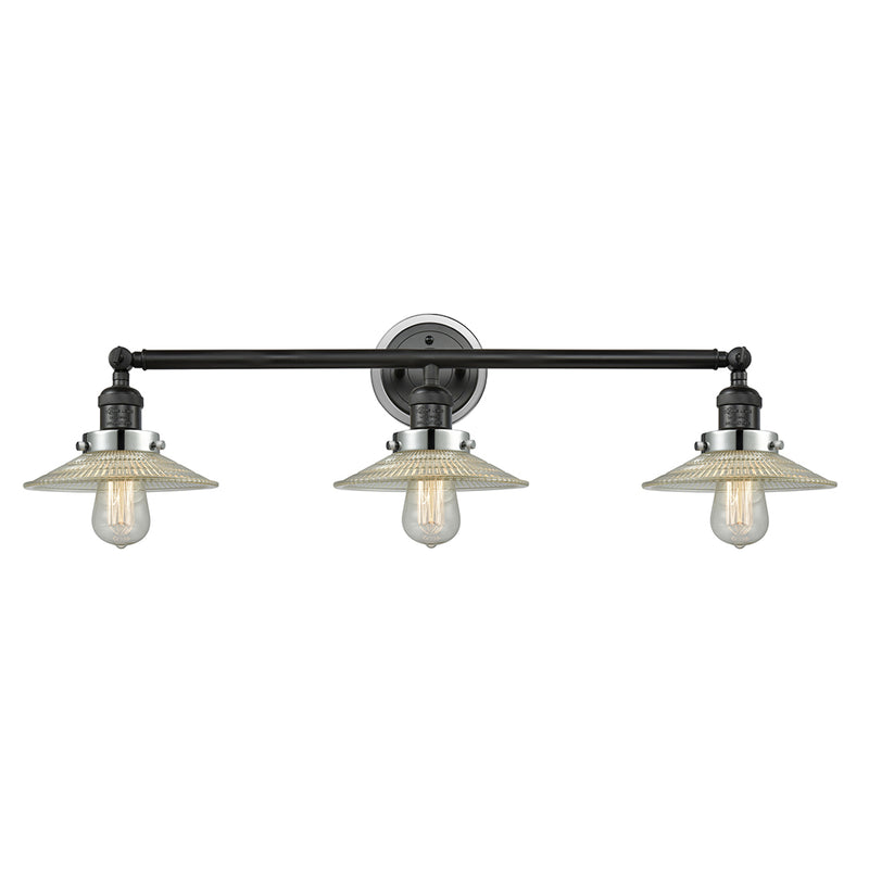 Halophane Bath Vanity Light shown in the Matte Black finish with a Clear Halophane shade