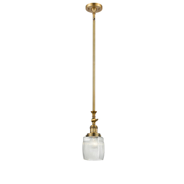 Colton Mini Pendant shown in the Brushed Brass finish with a Clear Halophane shade