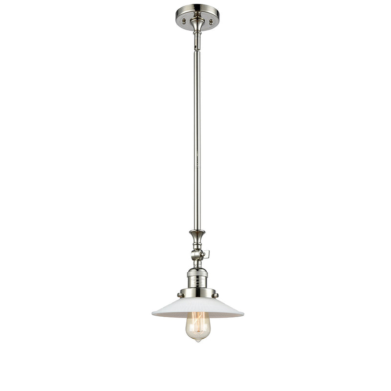 Halophane Mini Pendant shown in the Polished Nickel finish with a Matte White Halophane shade