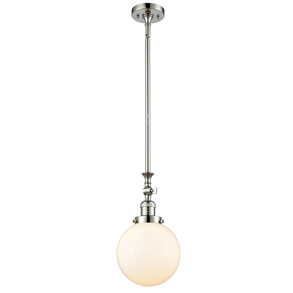 Beacon Mini Pendant shown in the Polished Nickel finish with a Matte White shade