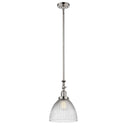 Seneca Falls Mini Pendant shown in the Polished Nickel finish with a Clear Halophane shade