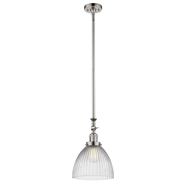 Seneca Falls Mini Pendant shown in the Polished Nickel finish with a Clear Halophane shade