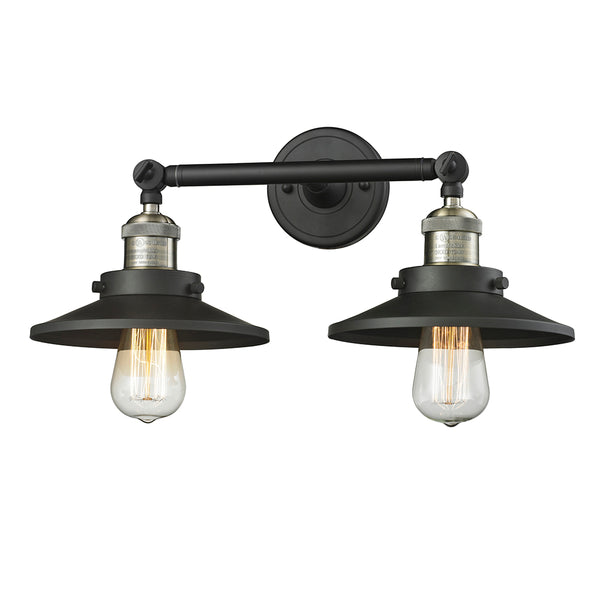 Railroad Bath Vanity Light shown in the Black Antique Brass finish with a Matte Black shade