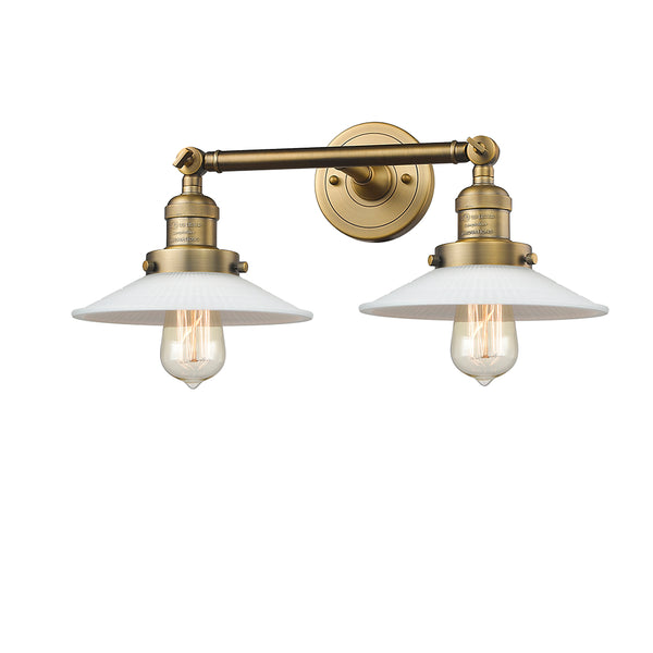 Halophane Bath Vanity Light shown in the Brushed Brass finish with a Matte White Halophane shade