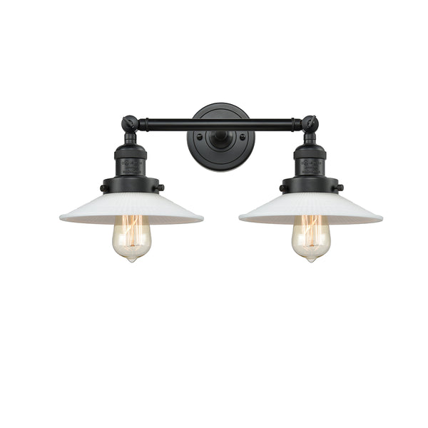Halophane Bath Vanity Light shown in the Matte Black finish with a Matte White Halophane shade