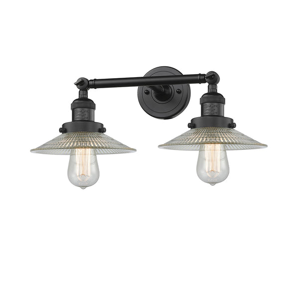Halophane Bath Vanity Light shown in the Matte Black finish with a Clear Halophane shade
