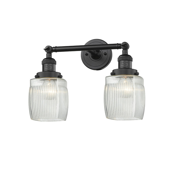 Colton Bath Vanity Light shown in the Matte Black finish with a Clear Halophane shade