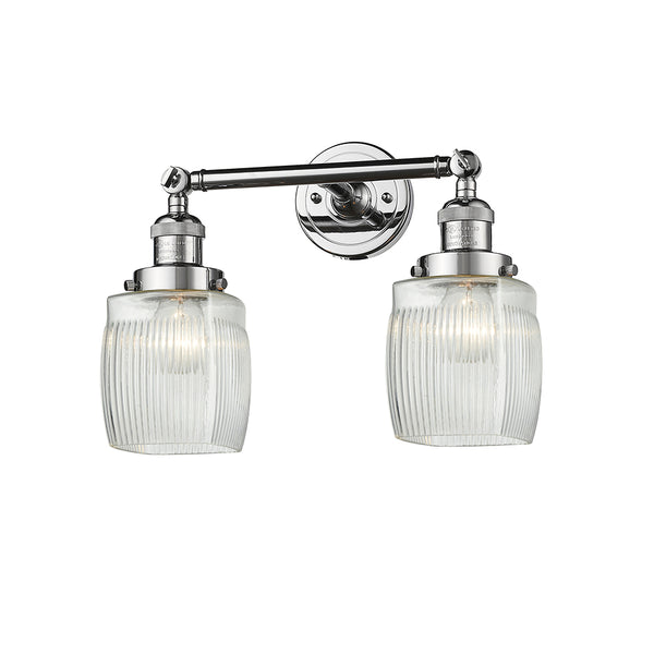 Colton Bath Vanity Light shown in the Polished Chrome finish with a Clear Halophane shade
