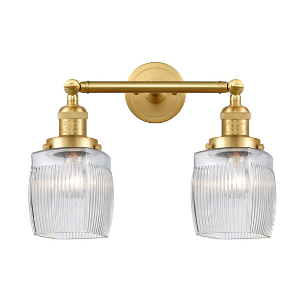Colton Bath Vanity Light shown in the Satin Gold finish with a Clear Halophane shade
