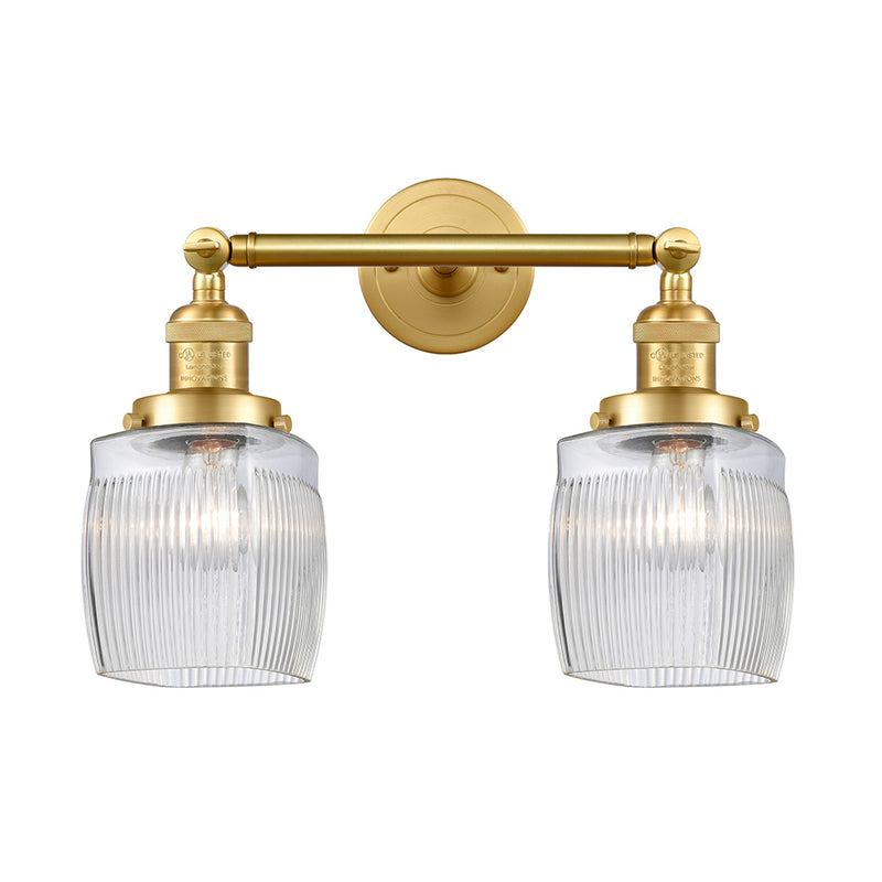 Colton Bath Vanity Light shown in the Satin Gold finish with a Clear Halophane shade