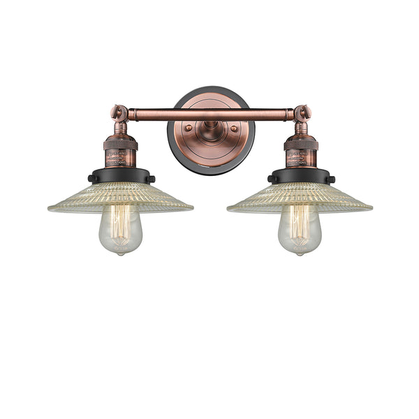 Halophane Bath Vanity Light shown in the Antique Copper finish with a Clear Halophane shade