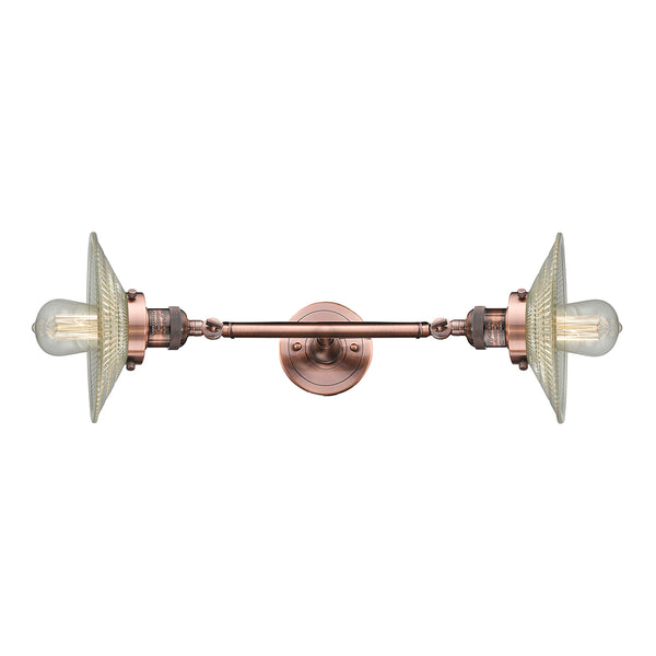 Halophane Bath Vanity Light shown in the Antique Copper finish with a Clear Halophane shade