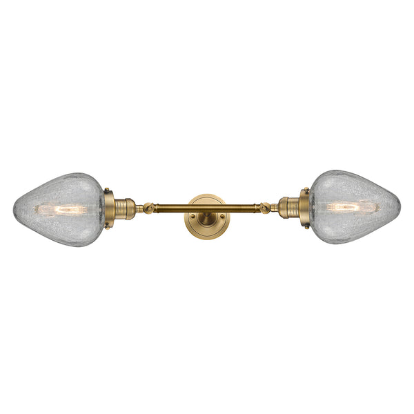 Geneseo Bath Vanity Light shown in the Brushed Brass finish with a Clear Crackled shade