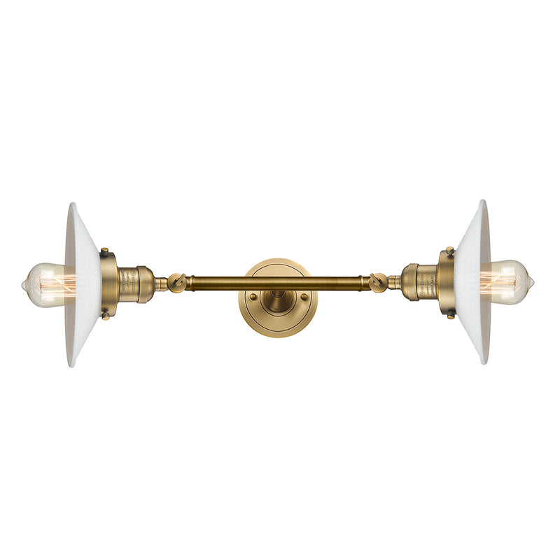 Halophane Bath Vanity Light shown in the Brushed Brass finish with a Matte White Halophane shade