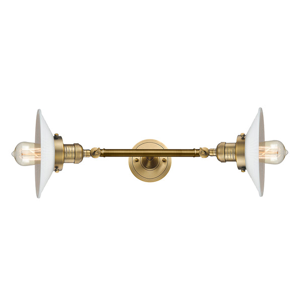 Halophane Bath Vanity Light shown in the Brushed Brass finish with a Matte White Halophane shade