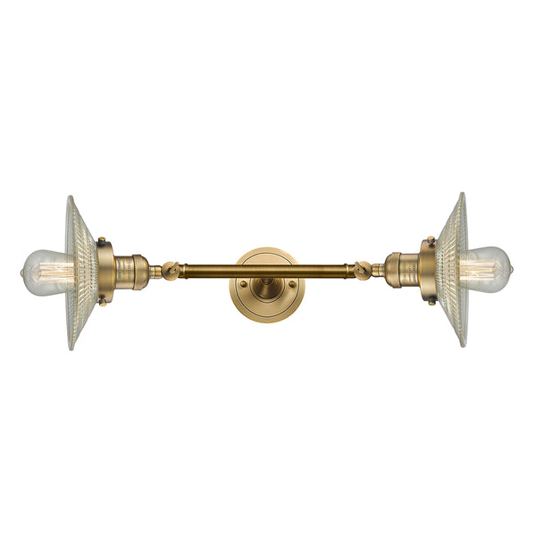 Halophane Bath Vanity Light shown in the Brushed Brass finish with a Clear Halophane shade