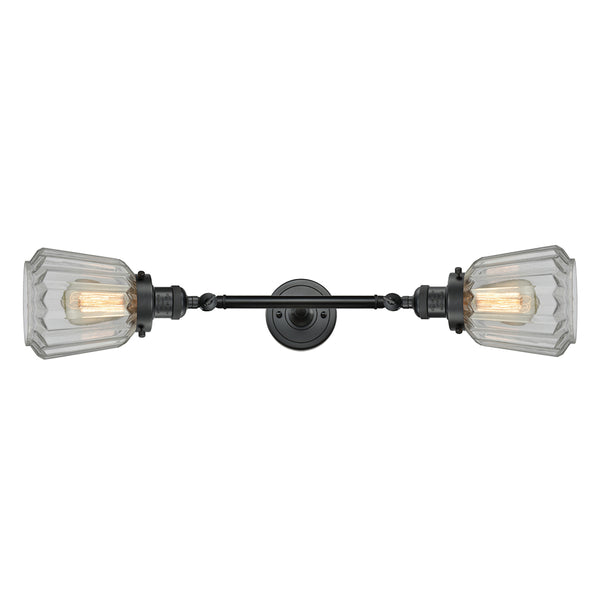 Chatham Bath Vanity Light shown in the Matte Black finish with a Clear shade