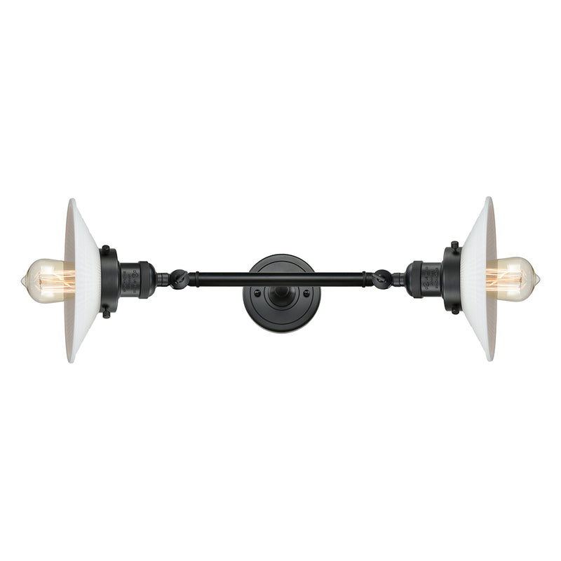 Halophane Bath Vanity Light shown in the Matte Black finish with a Matte White Halophane shade