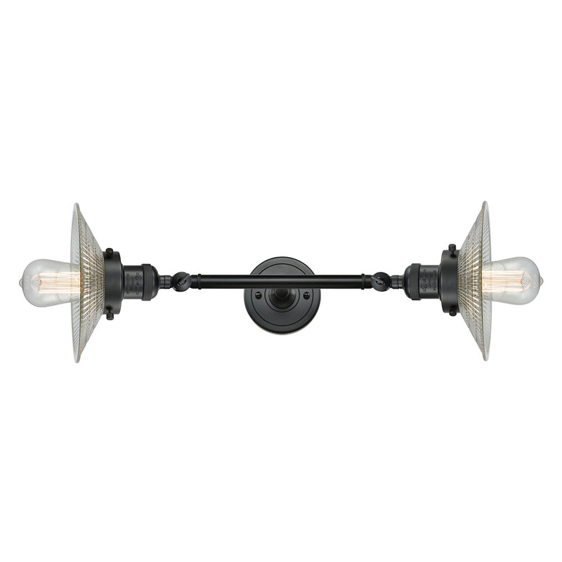 Halophane Bath Vanity Light shown in the Matte Black finish with a Clear Halophane shade